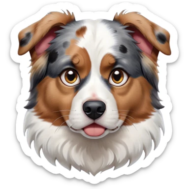 Cinematic Meme-Worthy Grumpy Calico Australian Shepherd Portrait Emoji, Head held high but eyes filled with dramatic disappointment, smooth white fur with spectacular patches of black, tan, and red calico merle, deeply furrowed brow forming an unmistakable scowl, floppy ears slightly angled back in disapproval, piercing blue eyes glaring with pure exasperation, Simplified yet hilariously over-exaggerated features, highly detailed, glowing with an aura of supreme annoyance, high shine, exhausted yet judgmental, stylized with an almost regal pettiness, bright but brooding, soft glowing outline, capturing the essence of a pup that has seen it all and is thoroughly unimpressed, so meme-worthy it feels like it could instantly become the next viral sensation of grumpiness! sticker