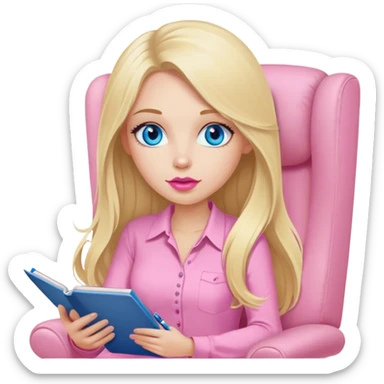 Cinematic realistic blonde with long hair, blue eyes and pink lips, dressed in a pink shirt, sits in a beige armchair with a notebook and pen in her hands sticker