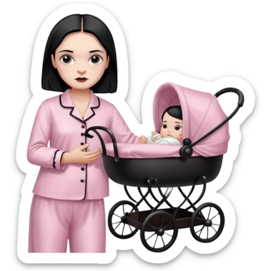 Full model stunning Wednesday Addams dark smoky eyeshadow seductive in a unbuttoned Light pink silk pyjamas set touching baby carriage  sticker