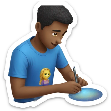 an boy in blue tshirt designing with a drawing tablet sticker