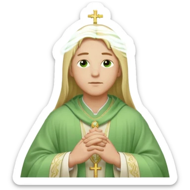 a young bishop, green eyes, long blonde hair, light green wide, flowing outer robe. hands clasped together, eys closed. Soft light, subtle fern. Waist-up, profile. sticker