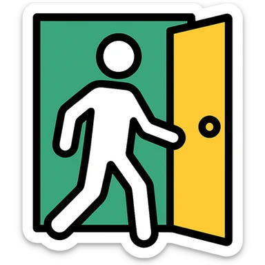 minimalistic icon of a white human figure walking through an open outlined door, viewed from the front, door with visible doorknob, solid green background, flat simple clean lines, high contrast sticker