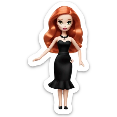  Bunny Wednesday Addams Barbie dancing.  Cute eye makeup face. Longer red hair. black flowing strapless tight evening gown with  plunging neckline that’s off-the-shoulders that also shows her legs and black shiny velvet high heel shoes. sticker