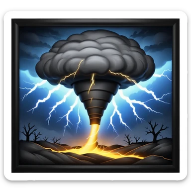 A Discord emoji of a dark, stylized tornado with lightning bolts inside a black circular frame. High contrast, aggressive lines, white background. sticker