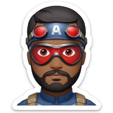 sam wilson with  short, neatly cropped black hair and a well-groomed beard that connects to his mustache,  wear sleek, red-tinted tactical goggles fit snugly from captain america: civil war sticker
