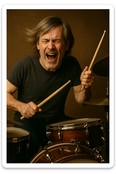 Make the male drummer look older with mature facial features and subtle signs of age, while keeping the blonde long-on-top bangs hairstyle and dynamic pose. sticker
