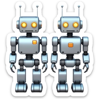 Two cute mini pixel-art robots standing side by side, slightly leaning toward each other in a friendly pose, shoulder to shoulder, soft friendly f pixels between robots, cinematic space backfi atmosphere, volumetric lighting, soft bloom effect, high detail, ultra clean render, centered  sticker