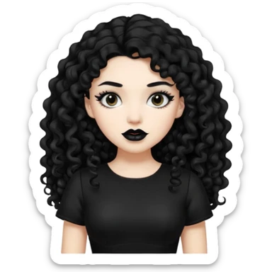 long black curly hair with white skin black dress and black lipstick sticker