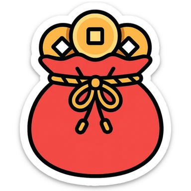 Chinese red pouch with golden Chinese coins sticking out, tied with a twisted golden cord, icon-color-outlined style, detailed shadows and highlights, thin clean contours, soft rounded shapes, pastel palette with emphasis on red and gold, modern Japanese pop-art and sticker aesthetic, high detail, soft lighting, transparent background sticker