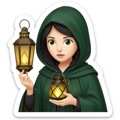 traitor tv show, dark haired woman wearing dark green cloak with hood up who looks very evil, is holding up a lantern, and looking down sticker
