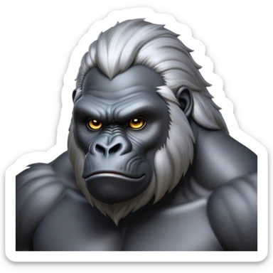 Cinematic Noble Silverback Gorilla Portrait Emoji, Poised and majestic, with a powerful, muscular frame accentuated by a distinguished silver mane and piercing, wise eyes, Simplified yet sharp and sophisticated features, highly detailed, glowing with a soft, regal jungle glow, high shine, intelligent and commanding, stylized with an air of imperial strength, focused and resolute, soft glowing outline, capturing the essence of a watchful guardian that feels as though it could step out of the screen with effortless authority! sticker