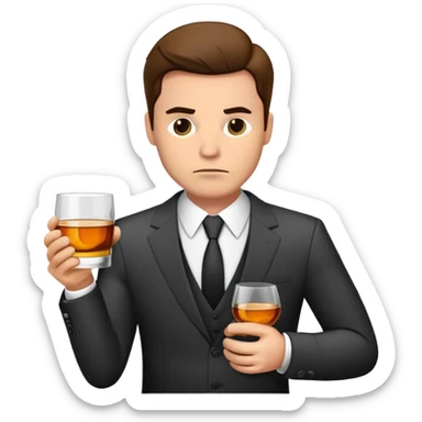 businessman in suit holding a glass of whiskey, looking tired sticker