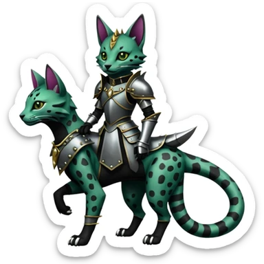 Epic complex detailed dark dusky gloomy deep gothic dark-deep-green, black, realistic Fakémon-Sprigatito-Floragato-Meowscarada-Trico-Sergal-Serval-Vernid-creature (full body) with armor and metal knight collar sticker