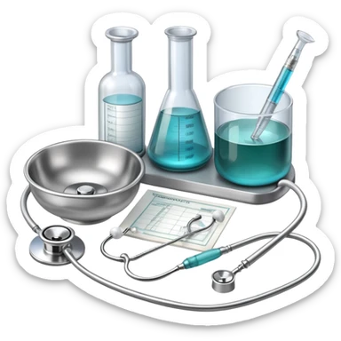 An icon featuring the Bowl of Hippocrates, a syringe, and a stethoscope, symbolizing medicine. The design includes a medical chart and lab tools, representing the practice of healing, diagnosis, and patient care. Transparent background highlights the science and ethics of medicine. sticker