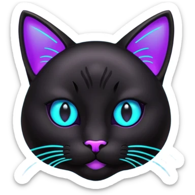 futuristic glowing black cat emoji, neon cyan eyes, purple #8B5CF6 highlights, tech minimal style, dark background sticker