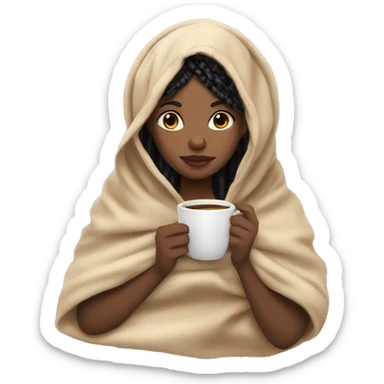 African American girl with black medium knotless braids drinking coffee with a blanket around her head and body  sticker