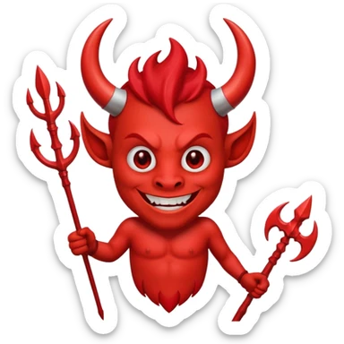 Red devil with horns and trident, grinning mischievous sticker