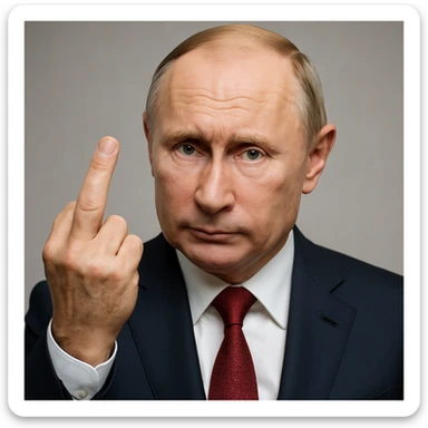 Make the image even more photorealistic, enhancing the realism of Vladimir Putin's face and hand. Ensure the middle finger gesture is clearly and explicitly a 'fuck you' sign. Include detailed lighting and skin texture. No text. sticker