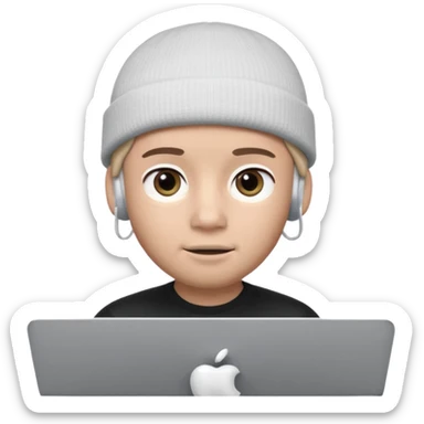 Apple Memoji–style 3D avatar, front-facing, centered.
Young male wearing a dark beanie and white AirPods, behind a silver laptop.
Big expressive eyes, smooth cartoon skin, soft lighting, white background, high quality. sticker