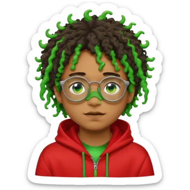 pale light brownskin boy with green slime coming out his eyes, and black glasses, nosering, wit messy, and curly freeforms, wearing a red hoodie with a Glo Gang sun on the hoodie. sticker