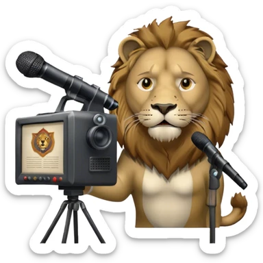 Icon for Documentary TV Show: A TV screen with a microphone, books, historical documents and scientific symbols. Include a roaring lion or other animal, interview setup with a camera and a serious-looking news anchor or narrator. Transparent background. sticker