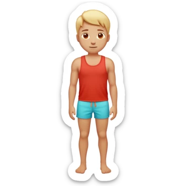 Emoji-style person standing in beach shorts, skin visibly sunburned and red on arms, legs, and face, but chest and shoulders clearly lighter with tank top tan lines. Expression shows mild pain or discomfort, cute rounded emoji design, soft 3D shading, vibrant colors sticker