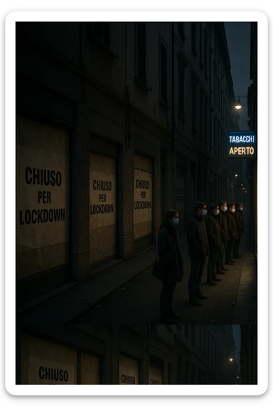 a deserted city street with all shops and businesses shuttered, their windows covered with “Chiuso per Lockdown” signs. In contrast, a brightly lit tobacco shop stands open, with a glowing “Aperto” sign and people lined up outside, all wearing masks. The mood is somber and critical, highlighting the paradox. in italiano sticker