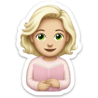Pretty Green eyed white girl with light pink sweater reading cozy sticker