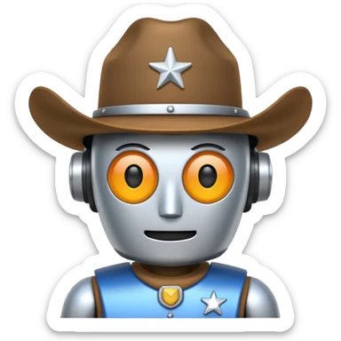 standard robot emoji with a cowboy hat, overlaid with a plus sign sticker