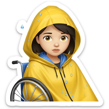 Girl with dark hair  in a wheelchair with rain poncho sad with raining  sticker
