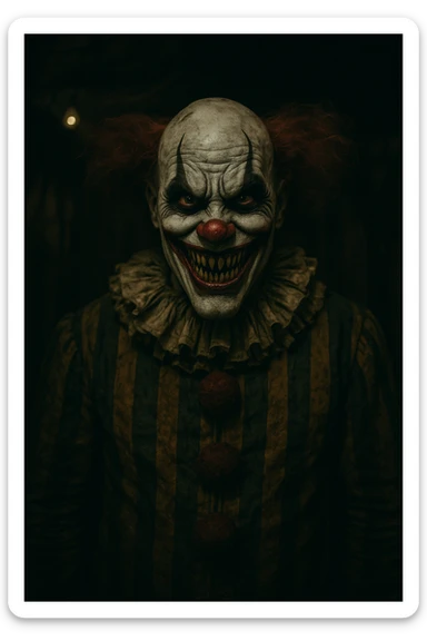 killer clown with menacing grin, creepy circus makeup, dark and unsettling atmosphere, horror vibe sticker