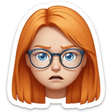 a girl with blue eyes, glasses and light orange long hair angry sticker