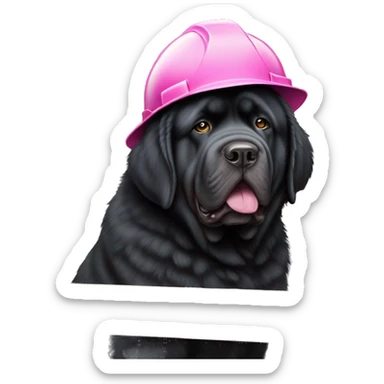 Black Tibetan Mastiff with pink and white striped hardhat doing construction 48x48 sticker
