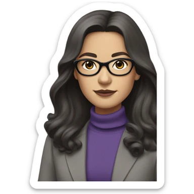 Tv show young Diana Prince wearing grey suit with silk voile purple turtleneck and black eyeglasses, long flowing hair  sticker