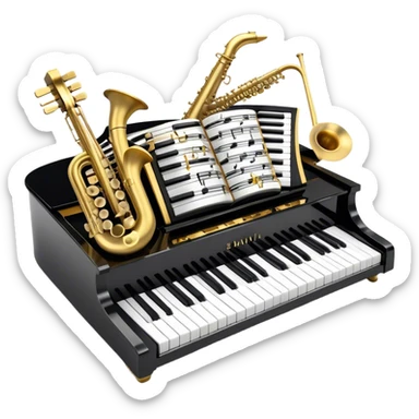 Create a detailed and elegant emoji collage representing keyboard instruments in a celebratory and professional style, reminiscent of a coat of arms. The design should feature a central arrangement of black and white piano keys, forming a symmetrical, powerful image. Around the keys, include a flowing ribbon of musical notes that intertwines with the keys, creating a sense of movement and harmony. Use gold and silver accents to highlight the keys and musical notes, giving the design a festive, high-quality appearance. The design should convey professionalism, elegance, and a sense of occasion. Add subtle reflections on the piano keys to enhance the polished look. The background should be transparent. sticker
