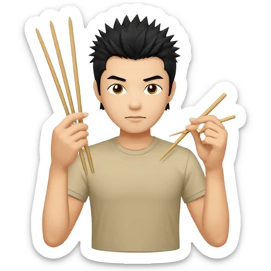 Make it a vietnamese male with spiky black hair hold ONE pair of chopsticks, t-shirt sticker