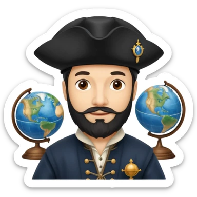 Ferdinand Magellan as an explorer, wearing a 16th-century navigator's hat and period clothing, with a globe or ship in the background, friendly emoji style sticker