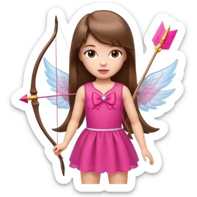 Hada de piel clara cupido pequeña  de cabello largo lacio castaño con flequillo y ojos cafés  vestida con algo sensual semitransparente corto color blanco o rojo con 1 arco y una sola flecha que combinen y labios rositas tipo Barbie pero en hada cupido de cuerpo completo de pies a cabeza   sticker