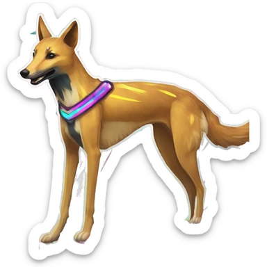  brindle brown black maroon striped lurcher Alsatian fox running blue eyes and iridescent holographic oilslick harness wearing paper iridescent tropical flower crown yellow caution tape sticker