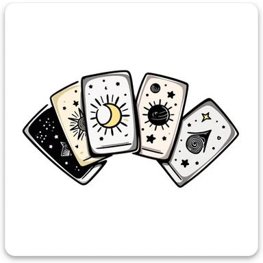 Mystical tarot cards arranged in a fan or spread pattern with celestial and mystical symbols. Using specific pastel colors (dd9fb0, ffc6d3, a3bfc9, c4bee2, f1b091). Hand-drawn doodle style with intricate details of cards showing symbols like sun, moon, stars. Transparent background. sticker