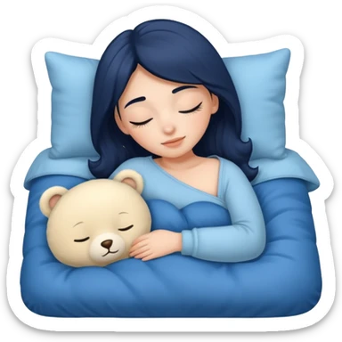 single-girl-in-Warm Cream-cozy-blue-bed-sleeping-pretty-eyelashes-light-skin-with toy sticker