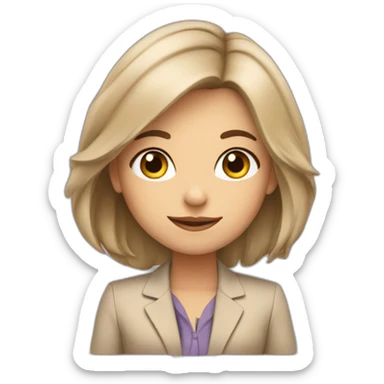A girl with gray eyes and shoulder-length hair sits in a beige business suit at a laptop sticker