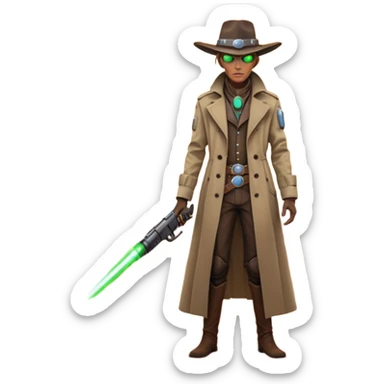 A tall alien cowboy standing in a dusty desert on an alien planet, wearing a futuristic cowboy hat and long trench coat, glowing eyes, twin plasma revolvers on his belt, dramatic sunset, cinematic lighting, ultra realistic, high detail, epic sci-fi western atmosphere

 sticker