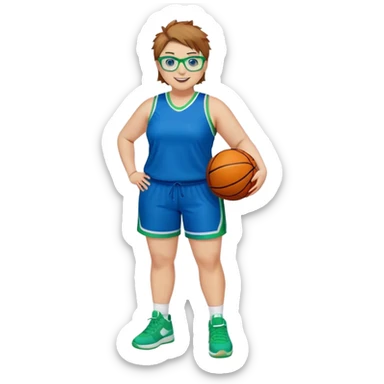 Full Body plus size white female basketball player with short light brown hair with carm highlights spike hair wearing blue glasses  wearing blue green uniform  green sneakers smiling l sticker