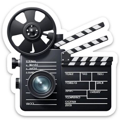 Icon for Acting in Theater and Movie: a stage with a spotlight and cinema, a film camera, a clapperboard and a dramatic mask. The design should represent both theatrical performance and cinematic art. Transparent background. sticker