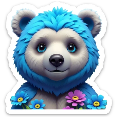 3D, adorable little Pixar style blue neon punk bear in a field of flowers, ultra detailed, each lash, eye, and strand of fur is shown in stunning detail as though captured in a timeless photograph, rich textures, visually rich, so lifelike it feels like it could leap off the page at any moment sticker