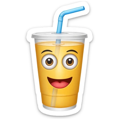 drink in a plastic cup and straw, the cup has eyes and mouth sticker