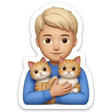 "Apple Memoji style 3D character, a young man person gently petting and hugging a cute fluffy cat, peaceful and happy facial expressions, soft studio lighting, clean 3D clay render, vibrant colors, minimalist aesthetic, high detail, high resolution, isolated on a plain white background." sticker