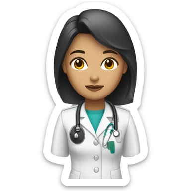 Mujer con cabello largo, lacio y de color negro, piel clara, vestida con uniforme médico. sticker