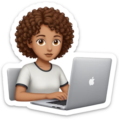 person with brown eyes and short-medium brown curly hair focused on a laptop sticker